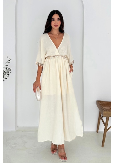 Asprin Fashion Anvelop Yaka Pullu Elbise Beyaz Beyaz
