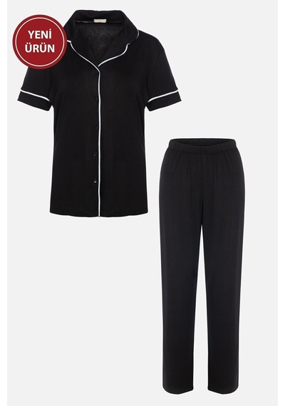 Kadın Kısa Kollu Viskon - Yumuşak Dokulu Düğmeli Biyeli Bol Paça Pijama Takımı Ko7306ts-3 Siyah