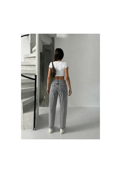 Bluemarlin Gri Kar Yüksek Bel Ön Bacak Taşlı Mom Jeans Kot Pantolon Gri Kar