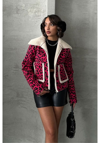 Verymoda Leopar Desenli Peluş Mont F1814 Fujya Siyah
