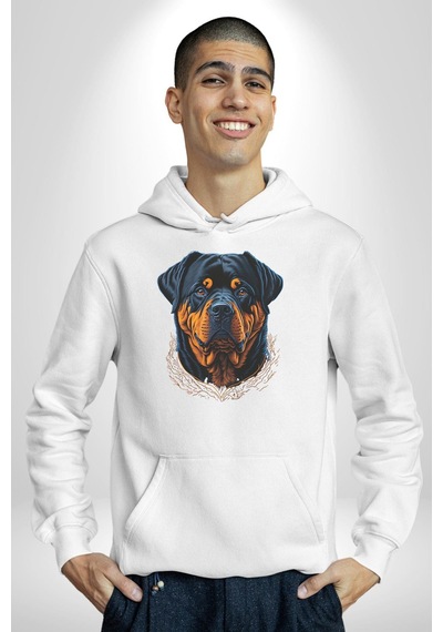 Rottweiler Koca Kafa Kadın Erkek Beyaz Kapüşonlu Sweatshirt Hoodie Beyaz