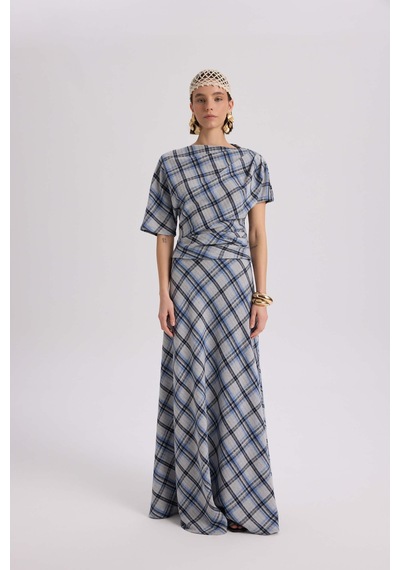 Mai Collection Petunya Ekoseli Mavi Crop Etek Takım mavi
