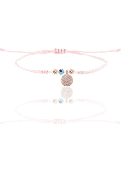 Gümüş Rose Zirkon Taşlı Nazarlı Yuvarlak Pembe İpli Şans Bileklik Barcode Gümüş