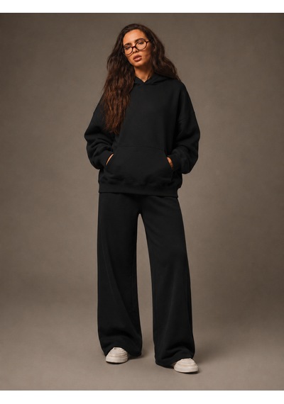 Macklin Unisex Kadın Erkek Baskısız Sweatshirt Oversize 3 İplik Kapüşonlu Hoodie Ve Baggy Eşofman Altı Siyah