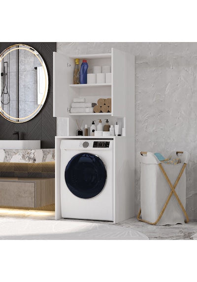 Mobilya Çamaşır Makinesi Dolabı 3 Raflı Kapaklı Banyo Dolabı Beya Beyaz