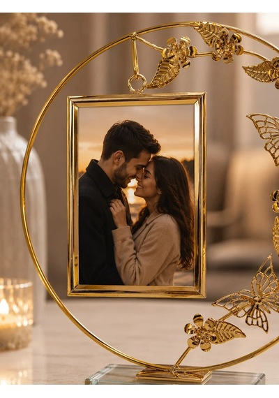 Ers Dekoratif Gold Fotoğraf Çerçevesi Kelebek Ve Çiçek Detaylı Şık Masaüstü Dekorasyon Hediyelik Çok Renkli