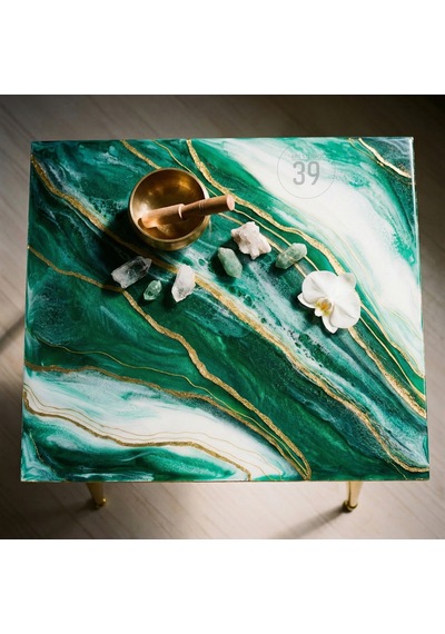Emerald Regalıa Lüks Geode Epoksi Orta Sehpa 50x70 Cm Altın Detaylı Contemporary Tasarım, Modern Lüks Ev Dekoru Yeşil