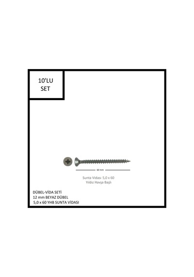 Dübel-vida Seti, Beyaz Dübel 12 Mm, 5,0x60 Yhb Sunta Vidası, 10 Adet