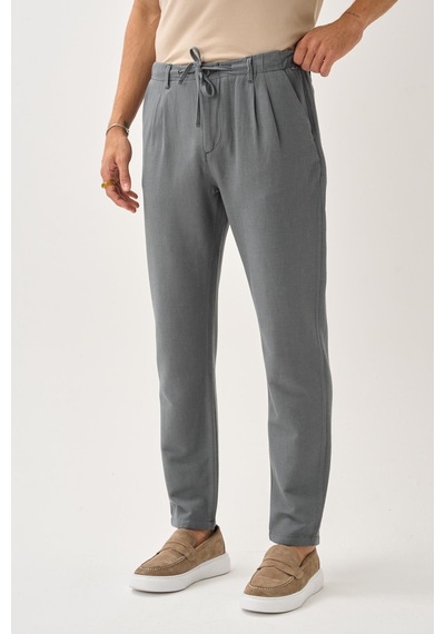 Alexandergardi Regular Fit Beli Lastikli Keten Pantolon gri