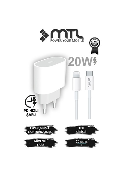 20w Pd Qc 4.0 Destekli Type-c Çıkışlı Adaptör + Type-c To Lightning Kablo Hızlı Şarj Seti Mt1703