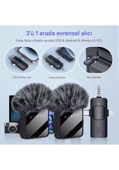 Kablosuz Tüylü Yaka Mikrofonu Apple iPhone Uyumlu  3.5mm Aux Apple iPhone Uyumlu  Type-c Pc Tablet Video Kayıt Vlog Usb-c