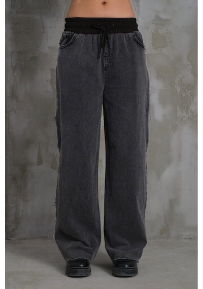 022 Kadın Yan Püsküllü Bol Paça Penye Kot Denim Pantolon Kar Melanj