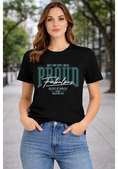 Herkesemoda Proud Baskı Detaylı Basic T-shırt Siyah