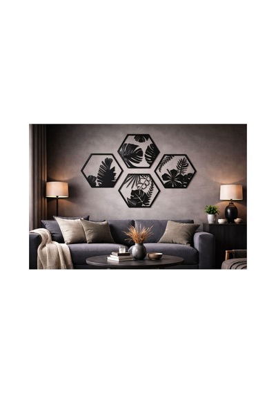 Arliadesign 4 Parçalı Petek Şeklinde Modern Çiçek Bahçesi Ahşap Tablo Seti / Duvar Dekoru / Siyah 3 Mm Mdf