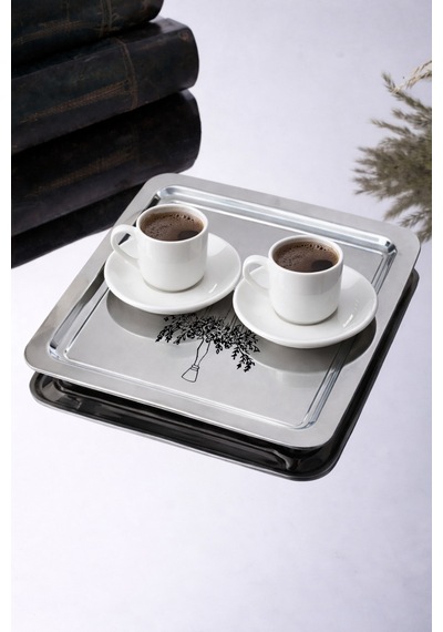 Şamdan Desenli Kare Paslanmaz Çelik Kahve Çay Sunum Ve Dekoratif Tepsi Gümüş - 850568772 Gümüş