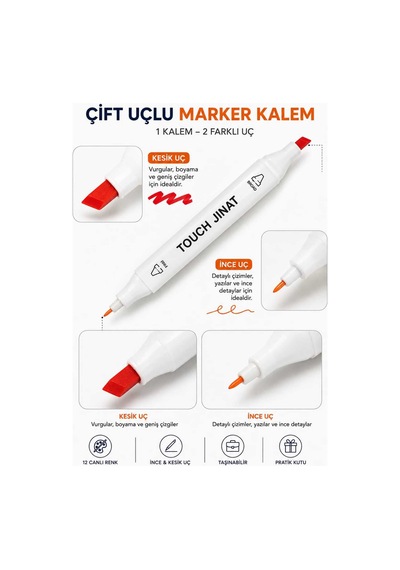 12 Renk Çift Uçlu Marker Kalem Seti Çok Renkli
