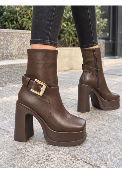 Asmi Shoes Kadın Dona Kahverengi Tokalı 12 Cm Platform Topuklu Bot 2030