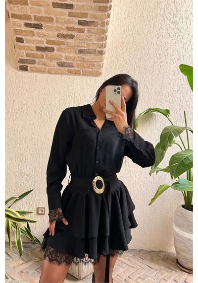 Neşeli Butik Kadın Siyah Gömlek Yaka Dantel Detaylı Kat Kat Mini Elbise Nbmy3858 Siyah