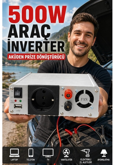 Fanlı 500w Dc Ac İnverter 12v Akü Girişi 220v Priz Usb Çıkışı Taşınabilir Dönüştürücü