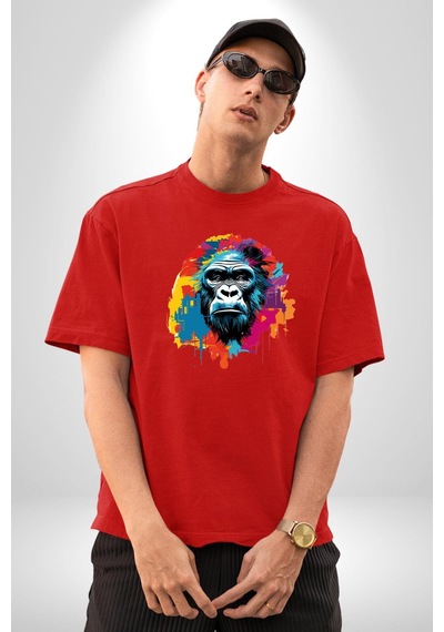 Renkli Maymun Goril Pamuklu Bisiklet Yaka Unisex Oversize Boyfriend Dijital Baskılı Kırmızı T-shirt Kırmızı