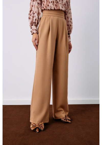 Sateen Bel Detaylı Cepli Pantolon - Camel