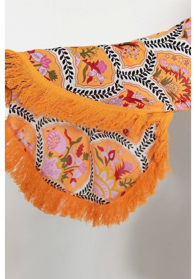 Ersefa Moda Dokuma Regular Kalıp Crop V Yaka İspanyol Kol Vual Basic Çiç Turuncu