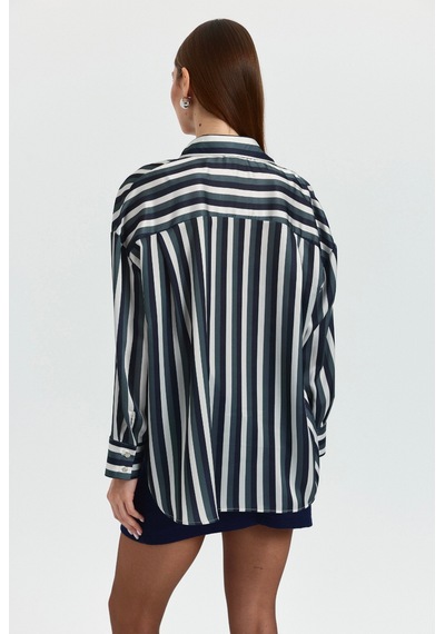 Pera Moda Kadın Salaş Oversize Desenli Saten Gömlek Haki