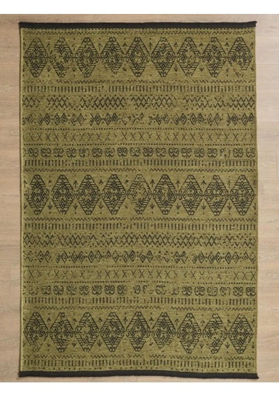 Bohem Tarz Dekoratif Pamuk Taban Şönil Kilim Yeşil Renk Halı