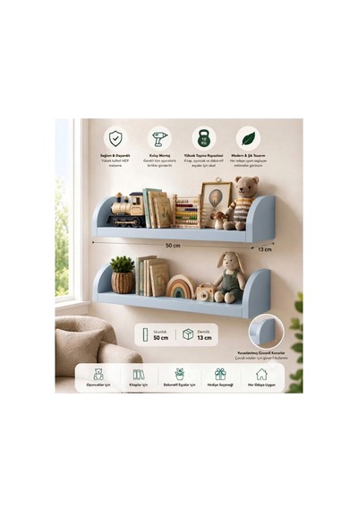 Duvar Rafı 50x13 Cm Mdf Çocuk Odası Kitap ,oyuncak Ve Dekor Rafı Mavi