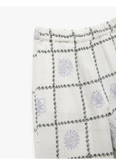 Koton Beli Lastikli Desenli Pamuklu Pantolon Beyaz Desenli 5skg40088aw Beyaz