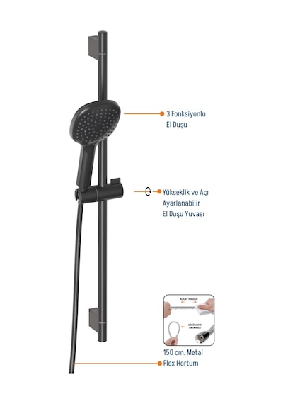 Adell Mode S Sürgülü Duş Seti Mat Siyah 3 Fonksiyonlu El Duşu Pvc Flex Hortum 157820224 Siyah