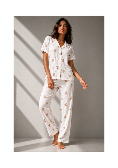 Fit Women Kadın Klasik Doğal Düğme Gece Kırık Beyaz Pijama Takımı