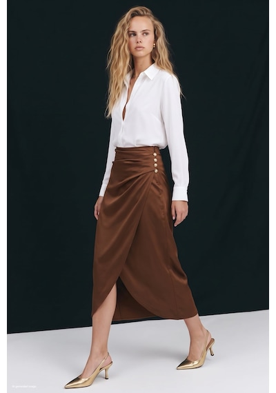 Sateen Düğme Detaylı Saten Etek - Kahve-138036
