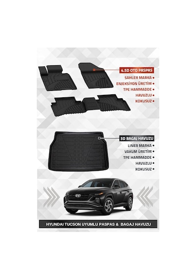 Sahler Hyundai Tucson 2021+ Uyumlu 4.5d Premium Havuzlu Paspas Ve Liner Marka 3d Bagaj Havuzu
