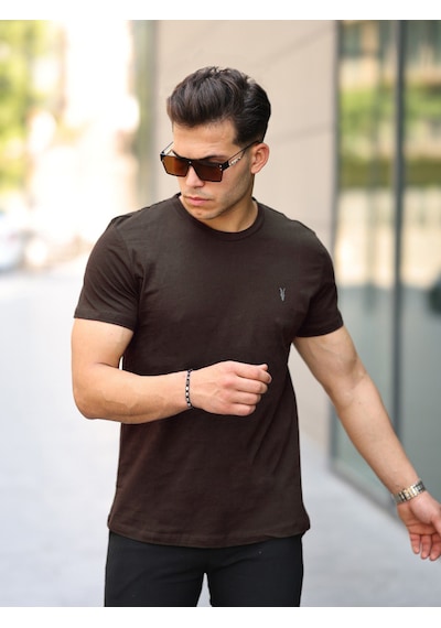 Erkek Kahve Slim Fit Bisiklet Yaka %100 Pamuk Tişört -Kahverengi