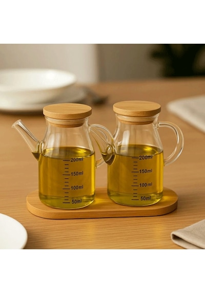 Mini Yağdanlık Ve Sosluk Seti, Bambu Stantlı Ve Vakumlu Bambu Kapaklı, 2'li 200 Ml Salata Seti Ahşap