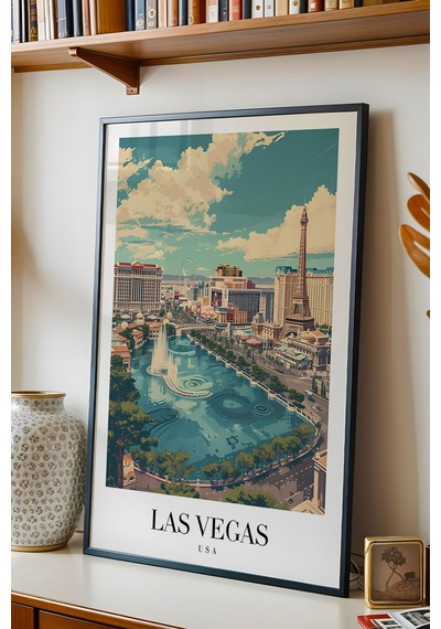 Las Vegas Usa Vintage Seyahat Posteri Çerçeveli Tablo - Premium The Strip Elit Duvar Dekoru Siyah