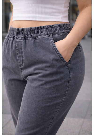 Cedy Denım - Büyük Beden Likralı, Beli Lastikli Jean Pantolon C636 Açık Gri