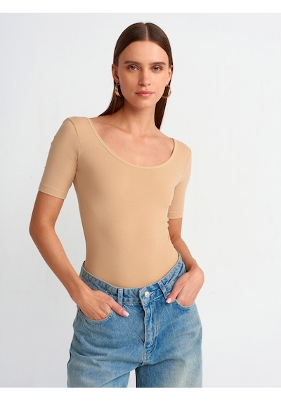 Dilvin Kısa Kollu Bodysuit Bej