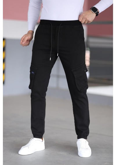 Blayn Jeans Erkek Açık Gri Kargo Cepli Paça Bel Lastikli Likralı Kargo Cep Pantolon Siyah