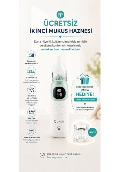 Ayrex Nasocare Plus Elektrikli Burun Aspiratörü - Şarjlı - 5 Kademeli Nazik Emiş - Led Işık Ve Müzikli, 4 Siliko