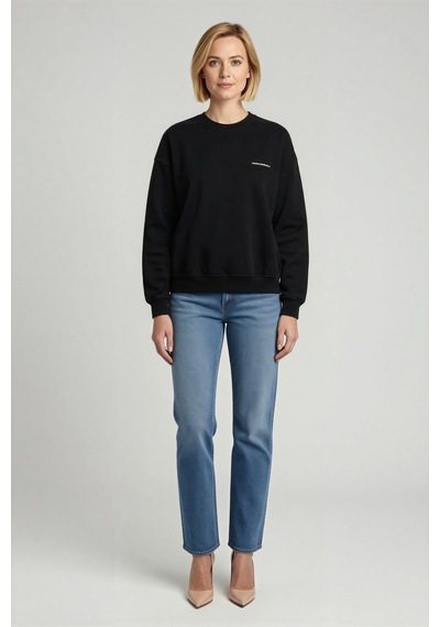 Ersefa Kadın Kışlık Bisiklet Yaka Oversize Sweatshirt Sırtı Büyük Harf Y siyah