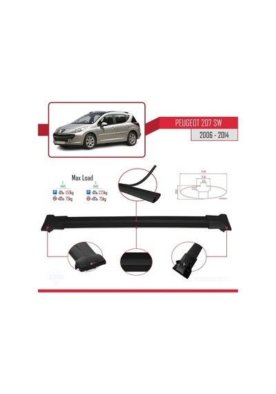 Peugeot 207 Sw 2006-2014 Arası İle Uyumlu Fly Model Ara Atkı Tavan Barı Siyah