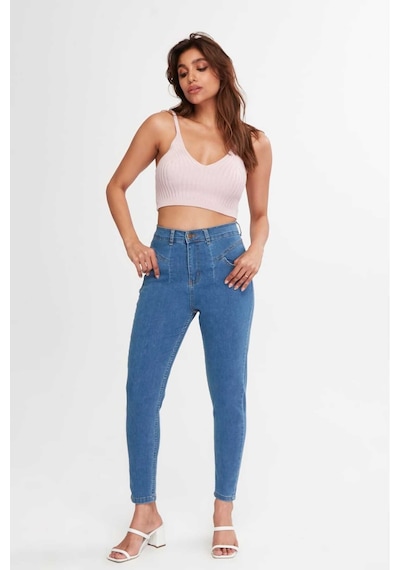 Shevega Kadın Mavi Ön Contali Likrali Dar Paça Jeans Pantolon Mavi
