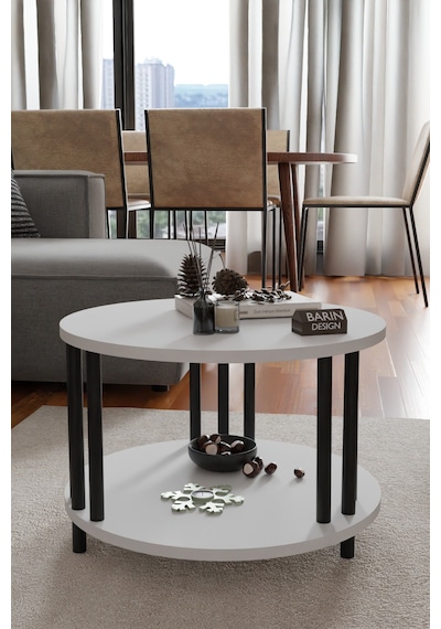 Modern Yuvarlak Orta Sehpa Çift Katlı Siyah Metal Ayaklı Salon, Ofis, Dekoratif Masa Beyaz