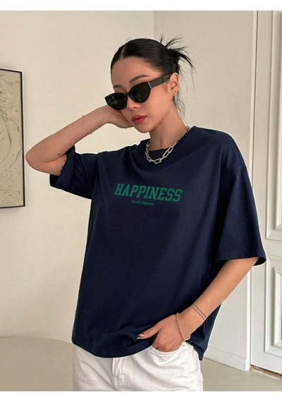 Unisex Pamuklu Happiness Ön Baskılı Tasarım Tshirt Lacivert