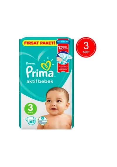 Prima Pampers Aktif Bebek Fırsat Paketi Midi Bebek Bezi 6-10 KG 3 Beden 3 x 62 Adet 3'lü