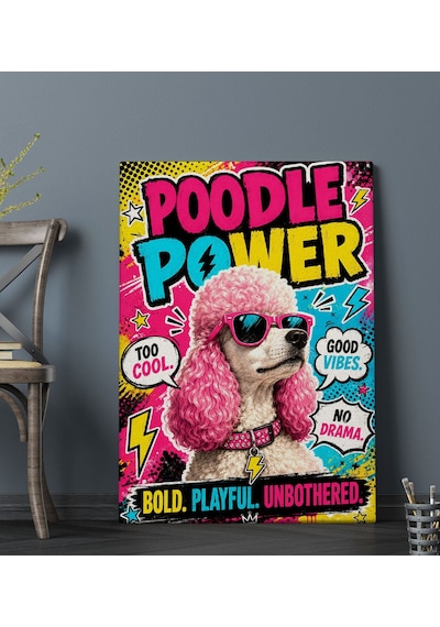 Bk Gift Poodle Power Yazılı Pembe Saçlı Güneş Gözlüklü Kaniş Pop Art Renkli Kanvas Duvar Tablosu 50x70 Cm