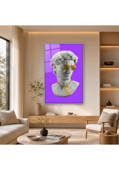 Altın Para Gözlüklü Pop Art Büst Gümüş Çerçeveli Cam Tablo