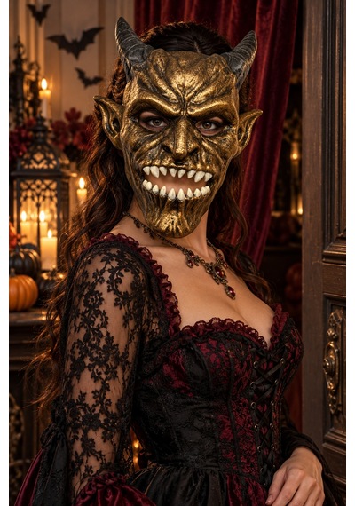 Halloween Boynuzlu Şeytan Yüz Maskesi Eskitme Bronz Altın Cadılar Bayramı Korku Kostüm Aksesuarı